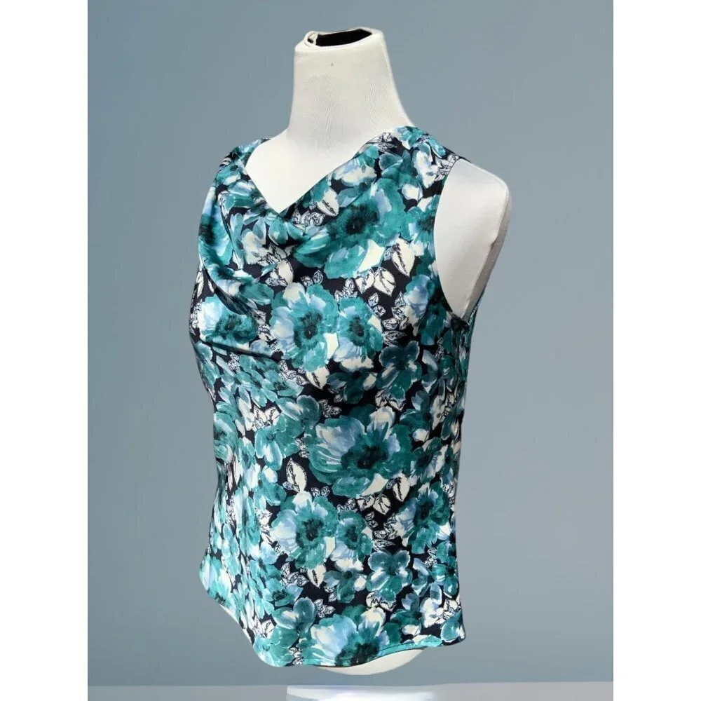 Ann Taylor Loft petite turquoise sleeveless cowl neck floral spandex blouse PS - Picture 8 of 10